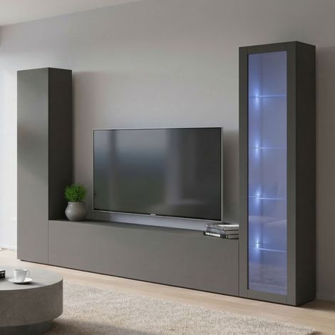 Dmora - Kommode Dekda, Wohnzimmer-Set TV-Möbel mit 3 Türen, Mehrzweck-Wohnzimmermöbel mit Vitrine und LED-Licht, 100% Made in Italy, cm 260x30h180, Anthrazit (1/5)