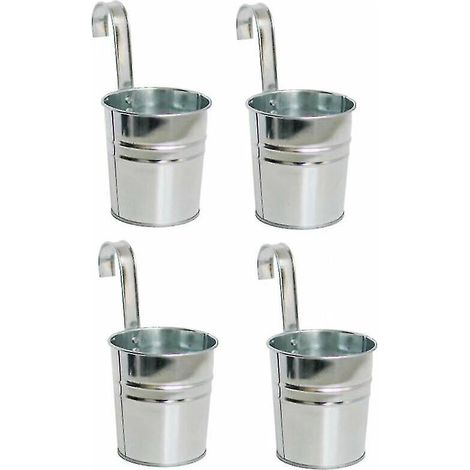 Set mit 4 hängenden Metallblumentöpfen, 10 cm großer Hängeblumenkübel mit abnehmbarem Haken für Balkon, Zaun, Garten und Innendekoration (silber)