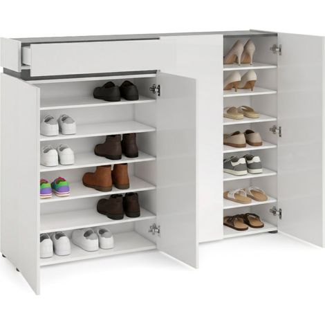Zapatero Esperanza, Mueble para 38 Pares, 10 Estantes, 1 Cajón, 160x34x115h cm, Blanco Brillante, Hecho en Italia