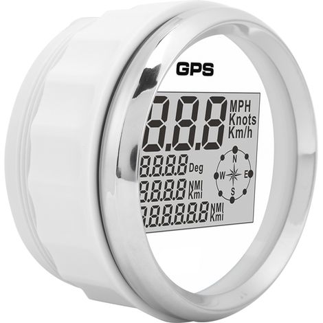 Compteur de vitesse numérique GPS LCD 85 mm, rétroéclairage 8 couleurs, 0-999 nœuds, km/h, mph, 12 V/24 V, cadran blanc, cadre argenté (1/5)