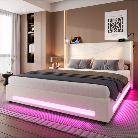 Cama moderna 140x200 cm en terciopelo beige con cabecero, luces de lectura, LED, arcón hidráulico y USB (1/5)
