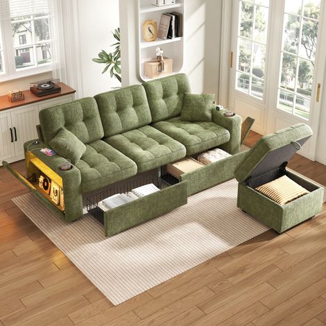 Sofá con otomana 194.5x133x83 cm verde de chenilla con USB-C, LED, portavasos y almacenaje (1/5)