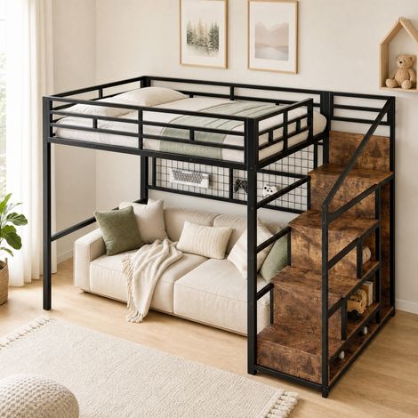 Hochbett 140x200 cm schwarz aus Metall mit Kleiderschrank, Stauraumleiter, Hängetraster und LED-Beleuchtung (1/5)
