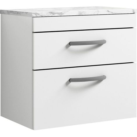 Millwich Contemporary 2 Drawer Wall Hung Vanity Unit with Laminate Carrara Marble Worktop, Gloss White, 600mm