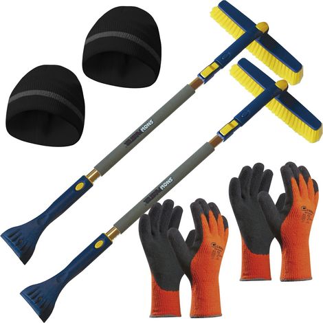 Sonneck Snowmaster Eiskratzer S1400 - 2in1 Schneebesen Auto - 2x Eiskratzer mit Besen 1000-1400mm ausziehbar + 2x Winterhaube + 2x Winter Arbeitshandschuhe Gr.9/11
