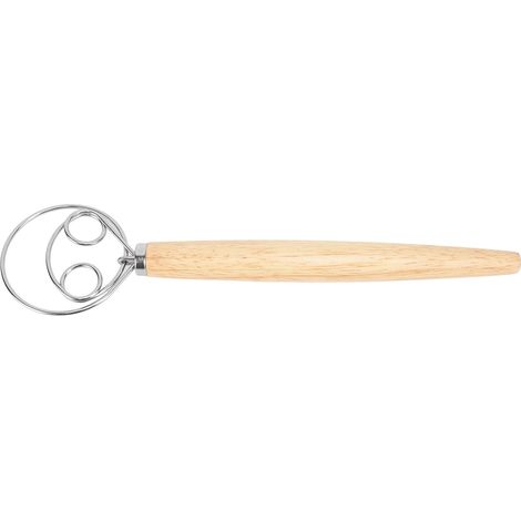 Fouet danois à pâte en acier inoxydable avec manche en bois, robuste et antirouille, style hollandais, avec racloir pour la cuisine. Comprend un fouet à 2 œillets et un racloir. (1/5)