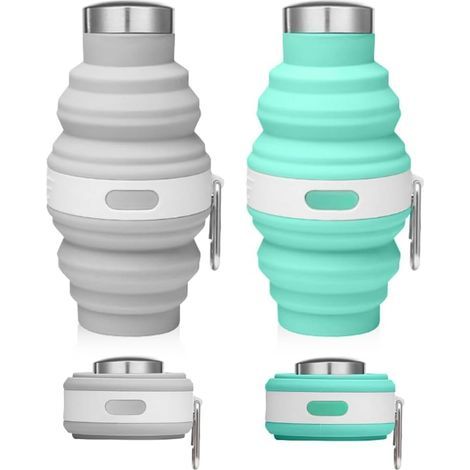 2-teiliges Set faltbarer Wasserflaschen, weiche Silikon-Wasserflasche mit Karabinerhaken, wiederverwendbarer, BPA-freier Campingbecher, auslaufsichere Wasserflasche für Reisen (Grau, Blau) (1/5)