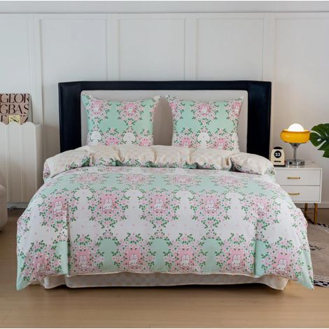Juego de cama de satén de 160x200 cm, color menta, crema, albaricoque, flores, conejitos y estampado a cuadros. (1/5)