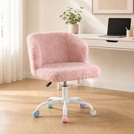 Chaise de bureau rose en fausse fourrure, pivotante et réglable, confort moelleux – dimensions sur demande (1/5)