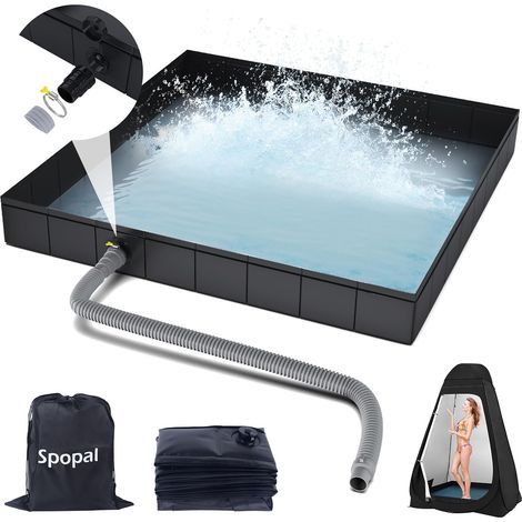 Pliable Base de Douche,[Pliable-104x104x13cm] Bac de Douche Portable,Base de Douche Pliable et Sol de Lavabo avec Tuyau de Vidange Amovible, pour Camping-Car, Extérieur, Intérieur (Noir) (1/5)