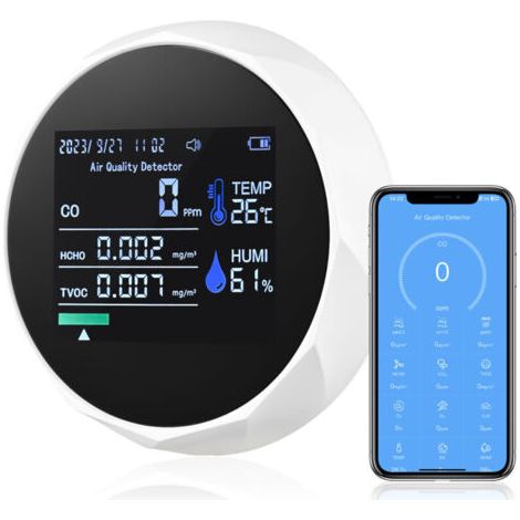 Air quality monitor, 5-in-1 indoor air pollution detector, CO2 and formaldehyde (HCHO) TVOC/AQI monitor, with NDIR temperature and humidity sensor
