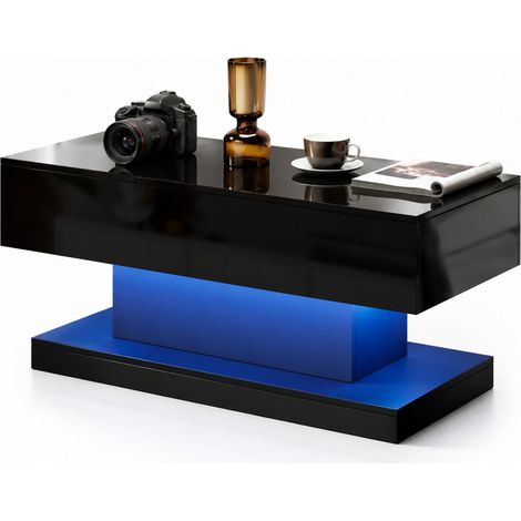 ELVMI Couchtisch Höhenverstellbar mit Schiebeplatte, Stauraum und LED, Wohnzimmer, Spanplatte, 100x50x45 cm, Schwarz (1/5)