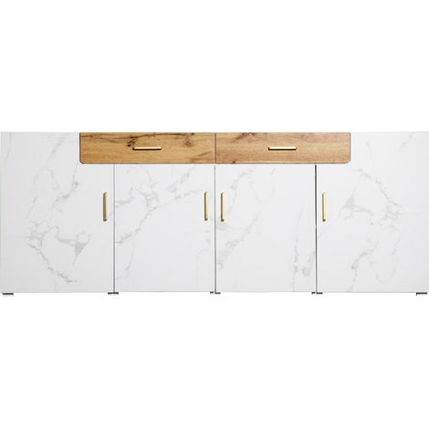 Buffet avec 4 portes et 2 tiroirs, 208 x 39,5 x 80 cm, en panneau de particules avec finition PVC marbrée blanche et bois (1/5)