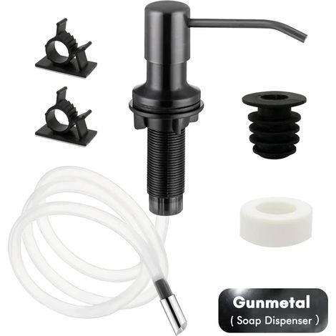 Distributeur de savon liquide pour évier de cuisine (gris anthracite) avec tube d'extension et pompe en acier inoxydable. Accessoires de salle de bain. Distributeur noir, savon doré. (1/5)