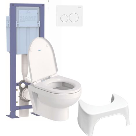 Pack inodoro suspendido compacto sin aro DURAVIT Asiento freno caída Duravit nº1 + estructura soporte SIAMP + Placa blanca + taburete