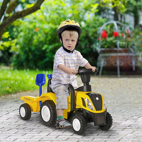 Tracteur pour enfants de 12 à 36 mois avec remorque détachable, voiture à pédales avec klaxon, phares, pelle, siège au sol de 25 cm et râteau, capacité de charge de 25 kg, 91 x 29 x 44 cm, jaune