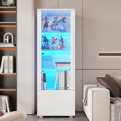 Vitrine 50x40x160 cm blanche en panneaux de particules, porte acrylique, LED et rangement - CHICFURN (1/5)
