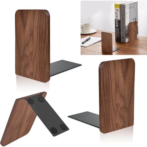 Coppia di fermalibri in legno di noce, antiscivolo, base in legno massello, fermalibri in legno di noce naturale, fermalibri a L per mensole, scrivania e biblioteca (testa quadrata)