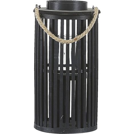 Linterna de madera de sauce negra 40 cm con portavelas estilo boho natural Luzon