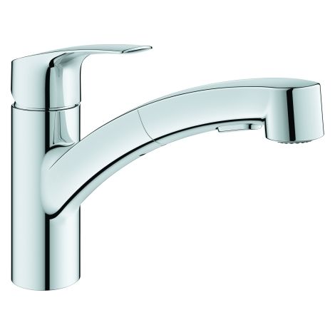 GROHE Einhand-Spültischbatterie Eurosmart 101231, Niederdruck, flacher Auslauf, herausziehbare Dual Spülbrause, chrom (1/4)