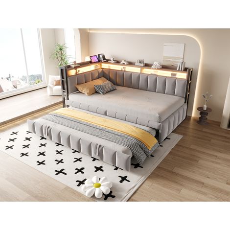 Sofá cama multifuncional (211.5x101.5x90 cm), con cama extraíble, iluminación LED regulable, puertos USB y tipo C, tejido de terciopelo gris (1/5)