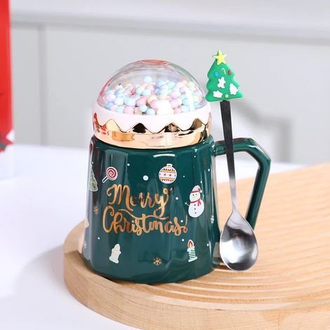 Mug de Noël (vert) avec couvercle et cuillère en céramique créative, parfait pour le café et le lait. (1/5)