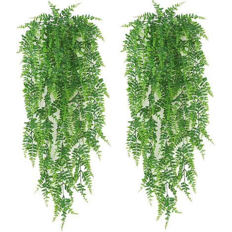 Conjunto de 2 plantas artificiales, helecho colgante, 122 cm, hojas verdes, plástico resistente, decoración para exteriores, balcón, jardín. (1/5)