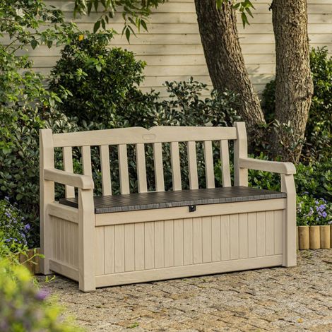 Dmora - Baúl de almacenamiento exterior Cuglieri, Cofre de jardín, Banco con almacenaje, Arcón para exteriores, 140x60 h84 cm, Beige y Marrón (1/5)