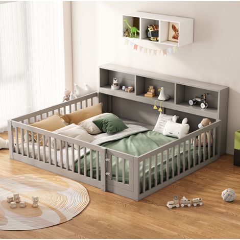 Cama 140x200 con almacenaje y barandilla pino gris OKMYHOME (1/5)