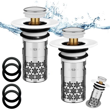 Bouchon de Lavabo INOX 2 Pièces,Pop-up Bouchon de Vidange Universel 33-40mm,Filtre Anti-Bloqué avec Filet,pour Évier,Baignoire et Lavabo - Blanc (1/5)