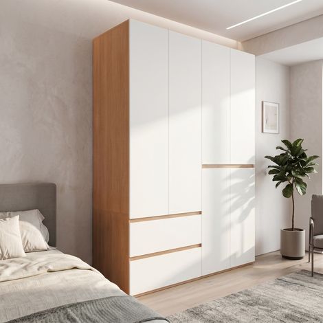 Armoire 180 cm avec 6 portes, 2 penderies et 5 tiroirs, grand dressing moderne avec rangement multifonctionnel pour chambre, couloir, Blanc (1/5)