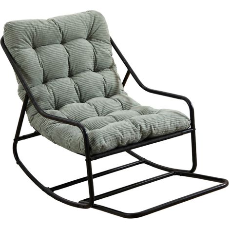 Fauteuil à bascule extérieur en métal avec coussin épais vert clair, cadre noir, pour salon et chambre (1/5)