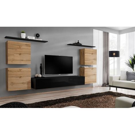 Ensemble mural - Switch IV - 1 vitrine - 1 banc TV - 2 étagères - Bois et noir - Modèle 1 - Livraison gratuite