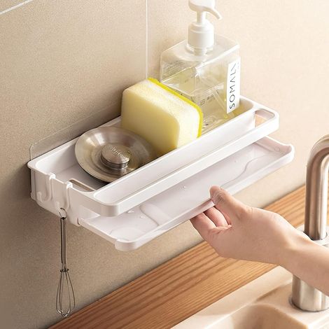 Porta spugna per lavello da cucina, organizer per sapone in ABS autoadesivo, scolapiatti multifunzionale con 2 ganci e portasciugamani (1/5)