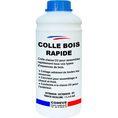 Codève Bois – Colle à bois rapide D3 1 L – Séchage 30 mn – Pour bois soumis à l'humidité – Rendement 8 m2/l