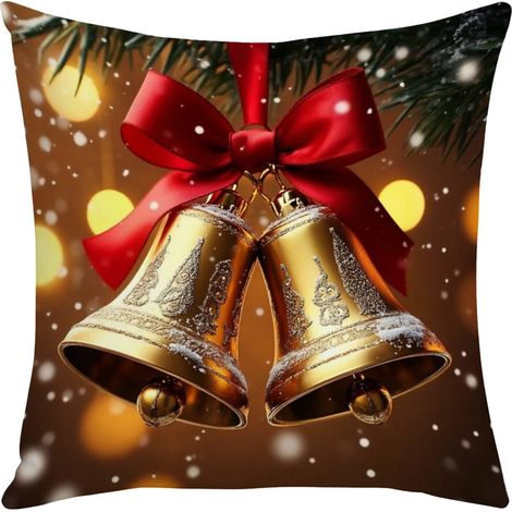 Housse De Coussin Noel - Linen - Motif Cloche Et Nœud - 45 X 45 Cm - Pour Canapé Salon Fête De Fin D Année - Lot De 2 (1/5)