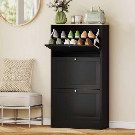 Meuble de rangement pour chaussures design scandinave 3 portes battantes capacité 18 paires 60x23,5x115 cm noir effet bois