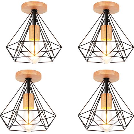 Retro Lámpara de Techo Industrial de Jaula Diamante E27 25cm Luz Interior de Metal y Madera para Pasillo Escaleras Salón Negro 4PCS (1/5)
