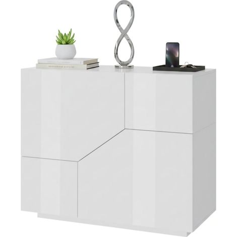 Dmora - Kommode Dceesa, Küchen-Sideboard mit 2 geometrischen Türen, Wohnzimmer-Buffet, Küchen-Sideboard, 100% Made in Italy, cm 79x43h86, glänzend weiß
