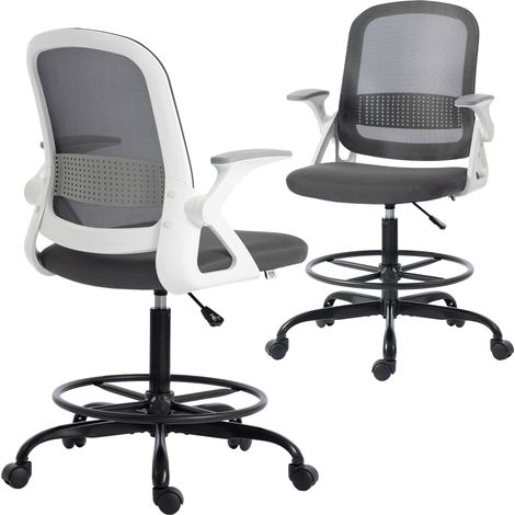 HOMCOM silla de escritorio de malla, silla de dibujo con reposabrazos abatibles, altura ajustable, reposapiés, ruedas giratorias para oficina, gris
