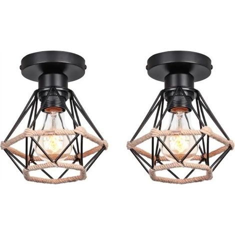 U-DO 2Pcs Plafonnier Vintage Lampe Cage en Corde de Chanvre et Fer E27 Lampe de Plafonde Intérieur Industriel (1/4)