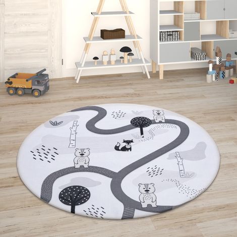 Paco Home Tappeto Bambini Cameretta Da Gioco Bebè Tappeto Bambini Stradale Da Gioco Bianco, Ø 120 cm tondo