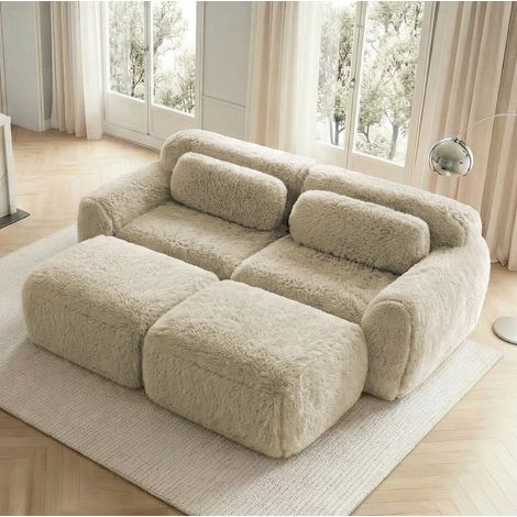 Sofá modular en caqui claro con 2 otomanas, sin montaje, en tejido peluche suave,204x179x73 cm (1/5)