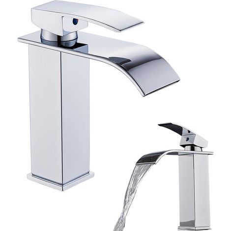 Waschtischarmatur – Modernes Wasserfall-Design mit Klick-Klack-Ablaufgarnitur – Armatur für Warm- und Kaltwasser, explosionsgeschützter Edelstahlschlauch (60 cm) inklusive, flache Öffnung (1/5)