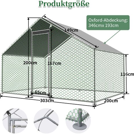 Enclos métallique 3x2x2m avec verrou de sécurité et bâche imperméable en PE, pour poules, lapins et autres petits animaux (1/4)