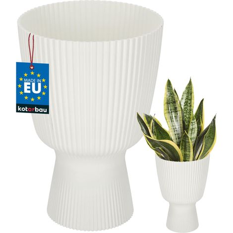 KOTARBAU® Pot de Fleur Ø 18 cm - Pot de Fleur Interieur - PVC - Pot de Fleur Exterieur - Pot pour Plante avec Socle - Nervuré - Forme de Coupe - H: 27 cm - Blanc (1/4)