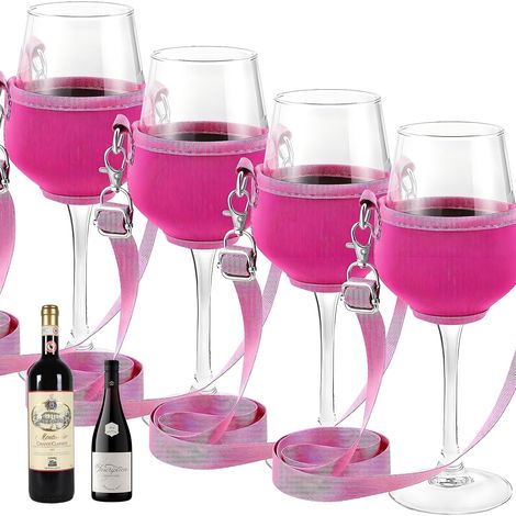 Lot de 4 porte-verres à vin, néoprène rose, cordon réglable 92cm, diamètre 8,5cm, pour fêtes, mariage, piscine