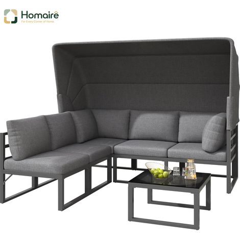 HOMAIRE Set de lounges de jardin en fer avec parasol, 4 places, incluant coussins, pour balcon et terrasse, résistant aux intempéries, gris (1/5)