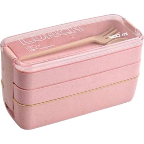 Boîte à bento micro-ondes 3 étages rose 900ml dans boîte en carton pour repas adulte et enfant (1/5)