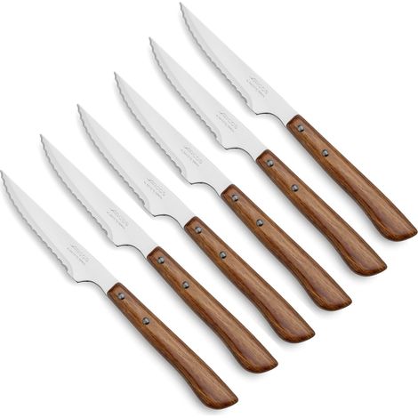 Lot de 6 Couteaux à Viande - Couteaux de Table Avec Scie - Manche en Bois - Lame 110 mm - Emballage Carton Écologique (1/5)